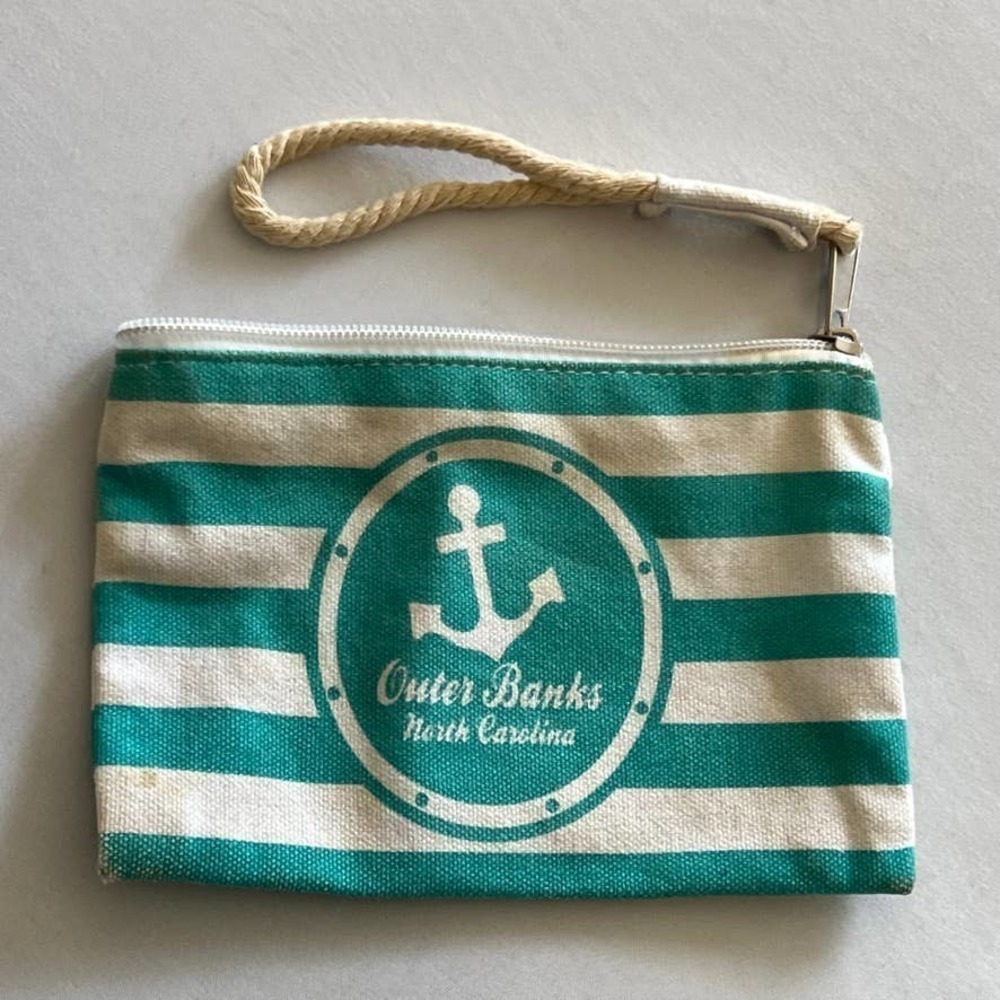 5/ $25  OUTER Banks North Carolina Blue striped make up bag wristlet